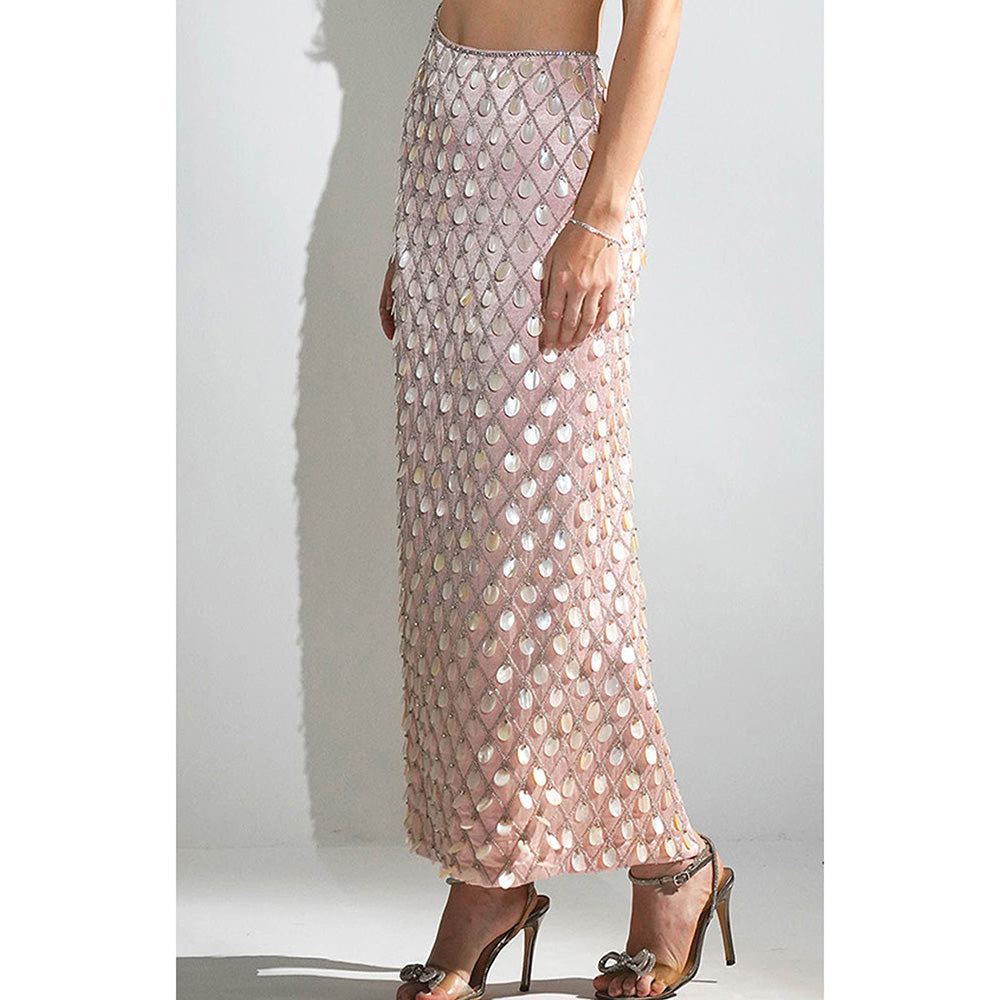 Realm By Vaishali Pink Madeline Salmon Peach Mother Of Pearl Embellished Maxi Dress
