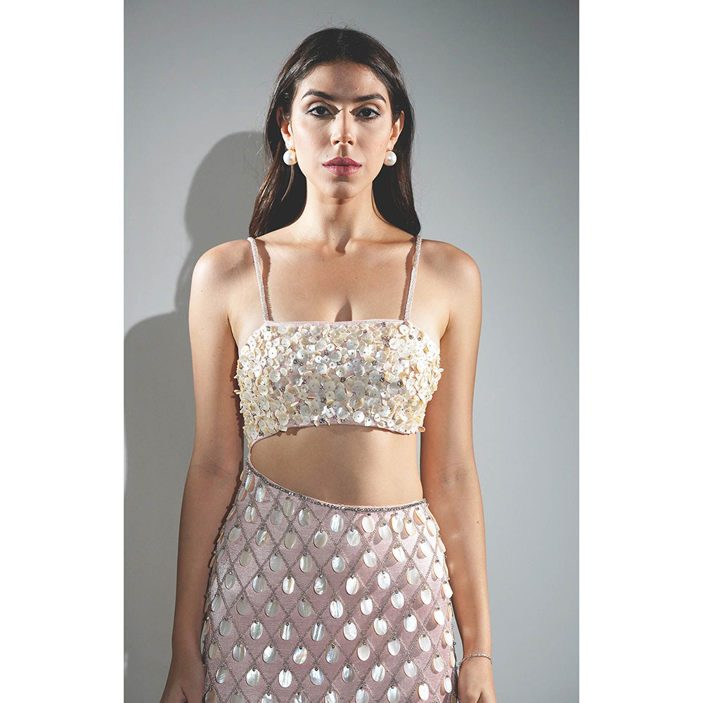 Realm By Vaishali Pink Madeline Salmon Peach Mother Of Pearl Embellished Maxi Dress
