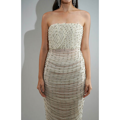 Realm By Vaishali Delilah Off White Crystal Embellished Maxi Drape Dress