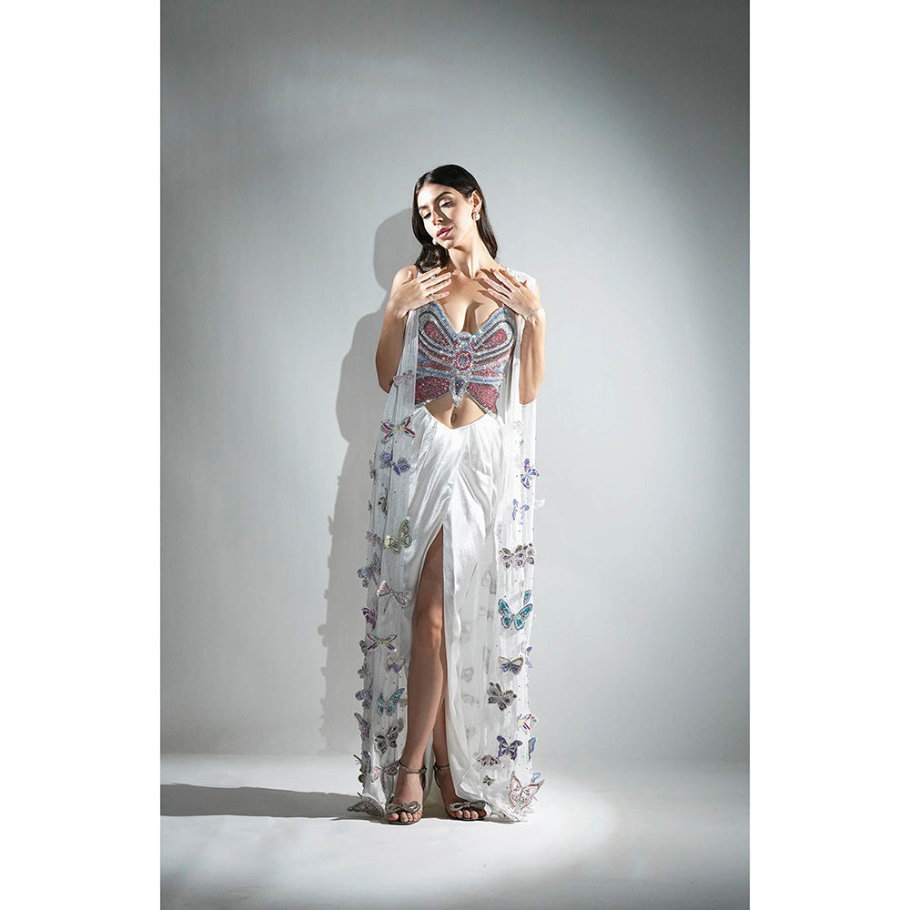 Realm By Vaishali White Ariel 3D Rhinestone Embellished Crop Top with Skirt and Cape (Set of 3)