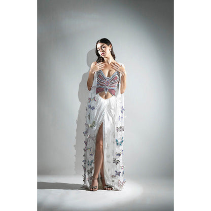 Realm By Vaishali White Ariel 3D Rhinestone Embellished Crop Top with Skirt and Cape (Set of 3)