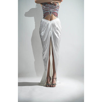 Realm By Vaishali White Ariel 3D Rhinestone Embellished Crop Top with Skirt and Cape (Set of 3)