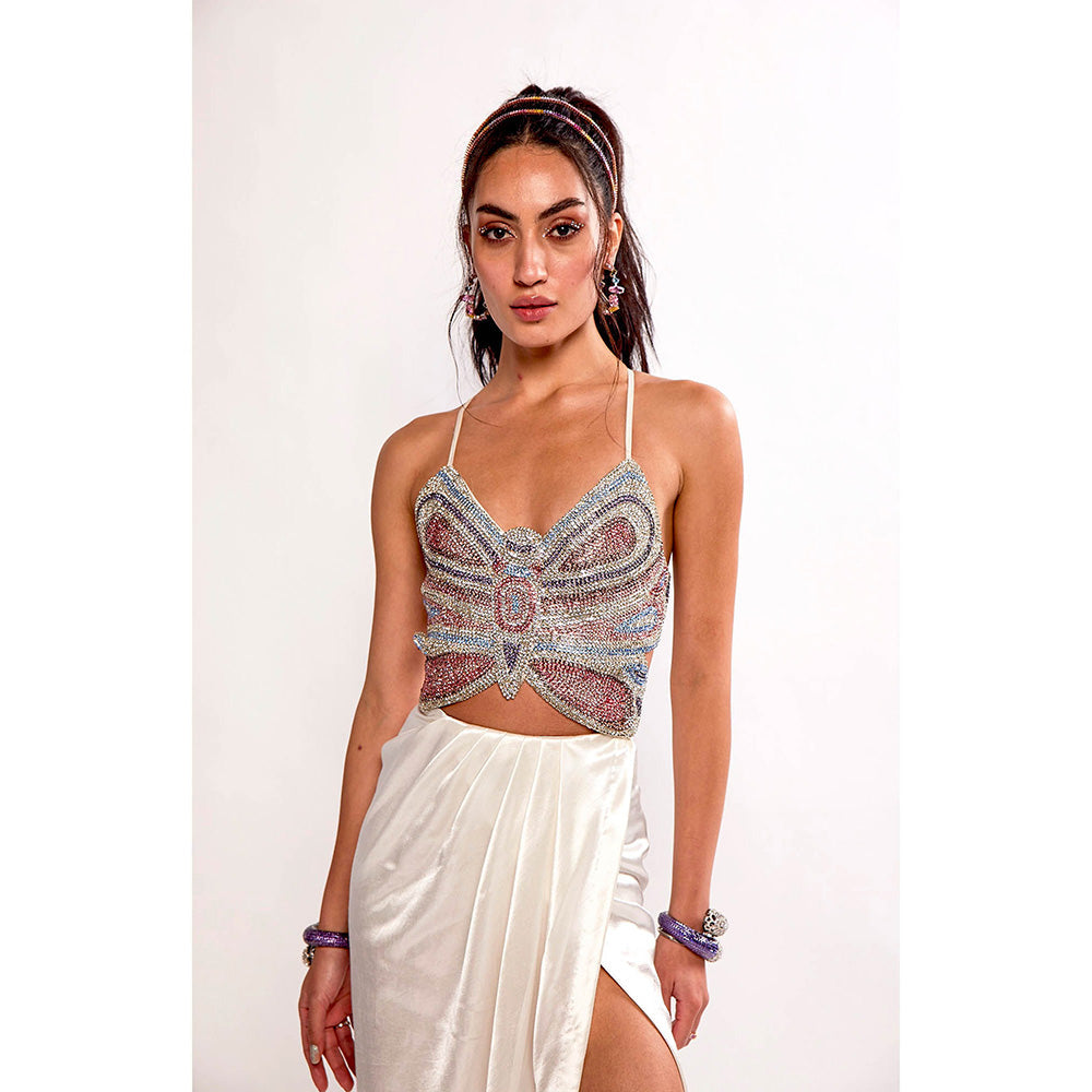 Realm By Vaishali White Ariel 3D Rhinestone Embellished Crop Top with Skirt and Cape (Set of 3)