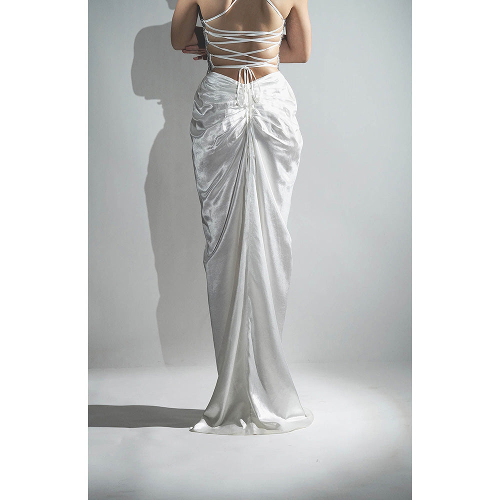 Realm By Vaishali White Ariel 3D Rhinestone Embellished Crop Top with Skirt and Cape (Set of 3)