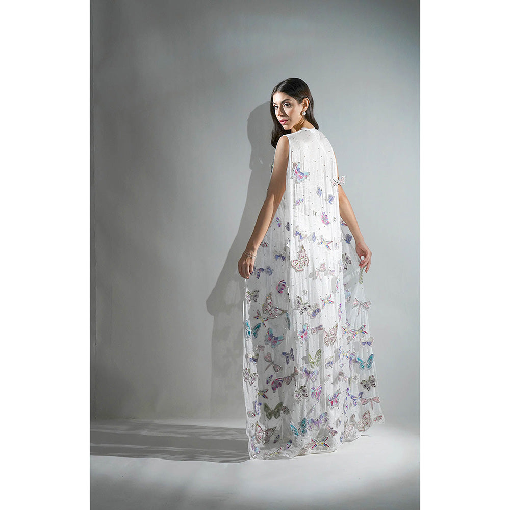 Realm By Vaishali White Ariel 3D Rhinestone Embellished Crop Top with Skirt and Cape (Set of 3)