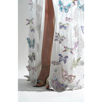 Realm By Vaishali White Ariel 3D Rhinestone Embellished Crop Top with Skirt and Cape (Set of 3)