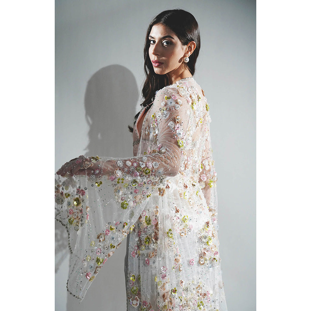 Realm By Vaishali Embroidery Salmon Peach Crop Top with Skirt and Cape (Set of 3)