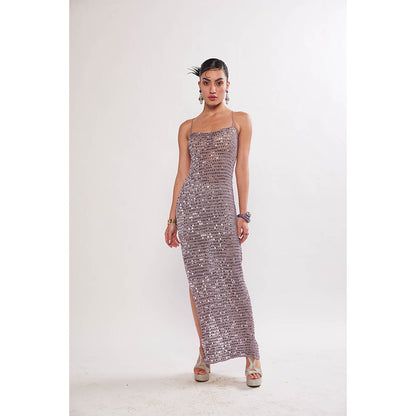Realm By Vaishali Kai Lavender Silver Sequin Crochet Maxi Dress
