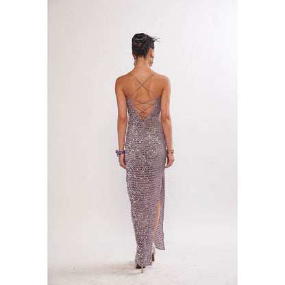 Realm By Vaishali Kai Lavender Silver Sequin Crochet Maxi Dress