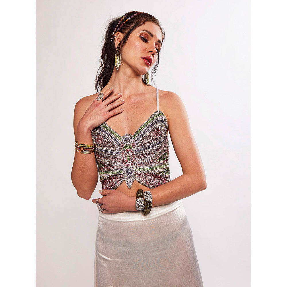 Realm By Vaishali Ariel Green Rhinestone Embellished Butterfly Crop Top