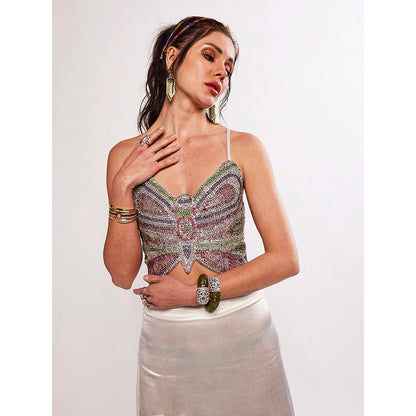 Realm By Vaishali Ariel Green Rhinestone Embellished Butterfly Crop Top