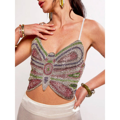 Realm By Vaishali Ariel Green Rhinestone Embellished Butterfly Crop Top