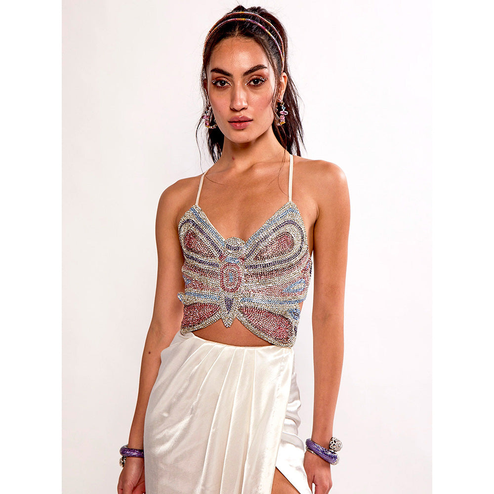 Realm By Vaishali Ariel Blue Rhinestone Embellished Butterfly Crop Top