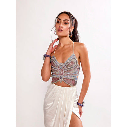 Realm By Vaishali Ariel Blue Rhinestone Embellished Butterfly Crop Top
