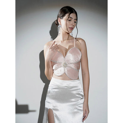 Realm By Vaishali Eden Peach Flower Crystal Crop Top