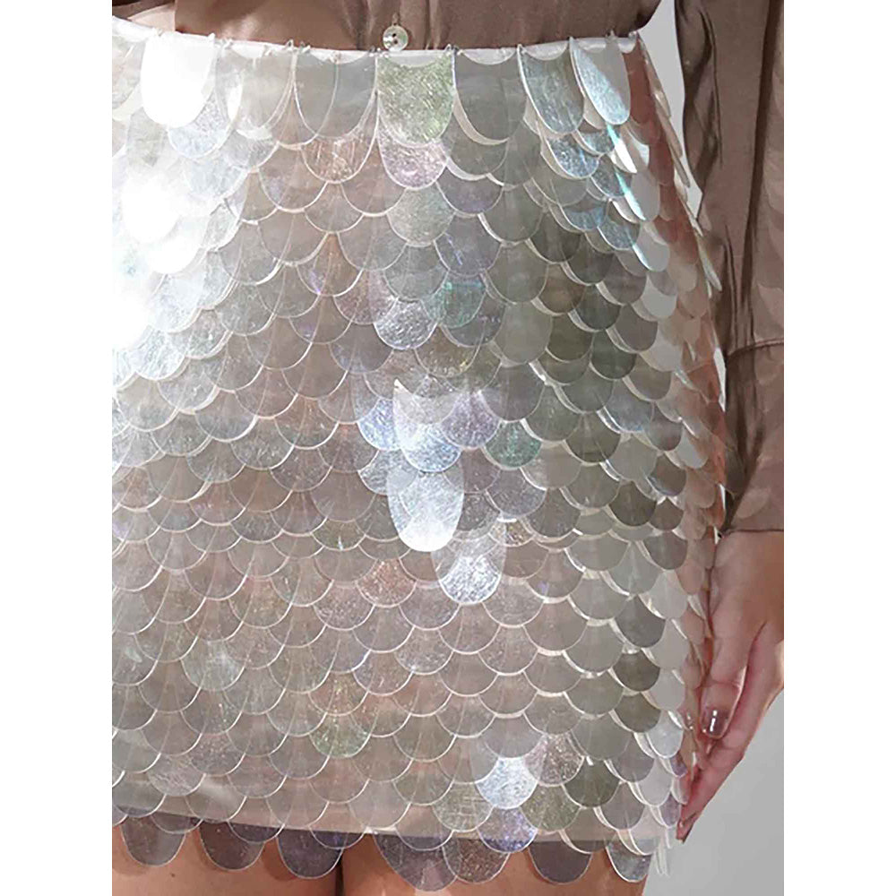 Realm By Vaishali Anastasia Silver Holographic Sequins Embellished Mini Skirt