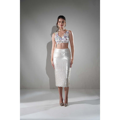 Realm By Vaishali Hailey Pearl White Sequin Embellished Midi Skirt with Bustier (Set of 2)