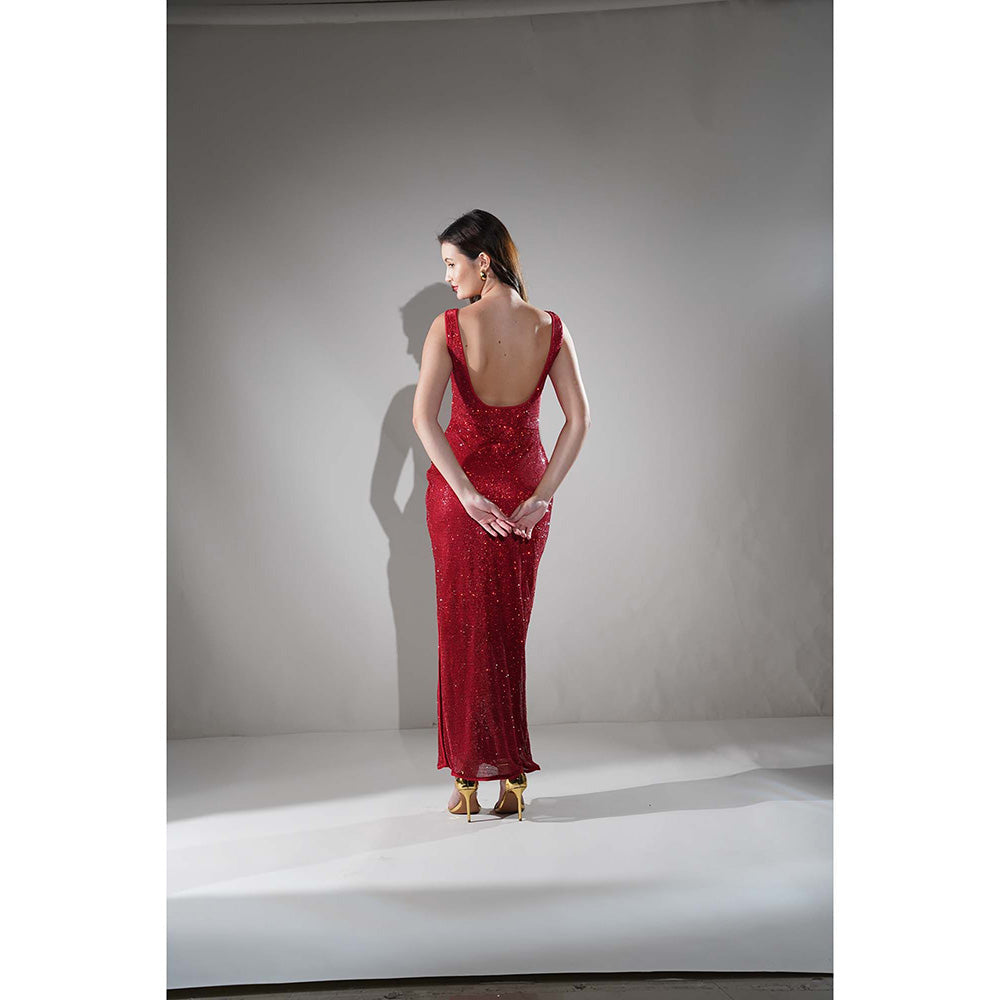 Realm By Vaishali Midnight Red Chainmail Metallic Maxi Dress