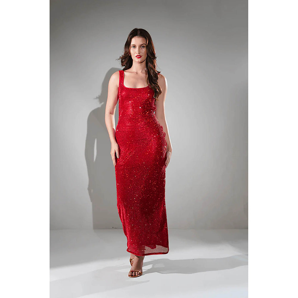 Realm By Vaishali Midnight Red Chainmail Metallic Maxi Dress