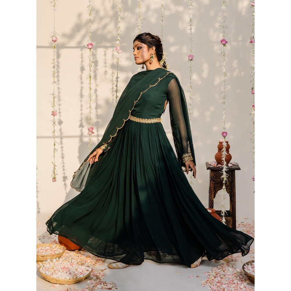 Redpine Designs Bottle Green Embroidered Anarkali with Dupatta and Belt (Set of 3)