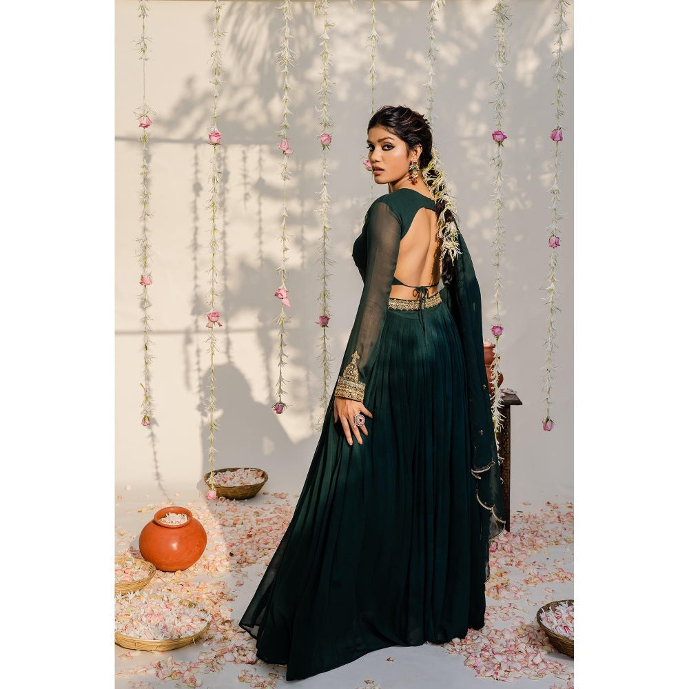 Redpine Designs Bottle Green Embroidered Anarkali with Dupatta and Belt (Set of 3)