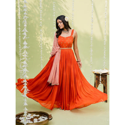 Redpine Designs Orange Embroidered Anarkali with Dupatta and Belt (Set of 3)