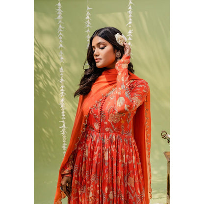 Redpine Designs Orange Embroidered Anarkali with Dupatta (Set of 2)