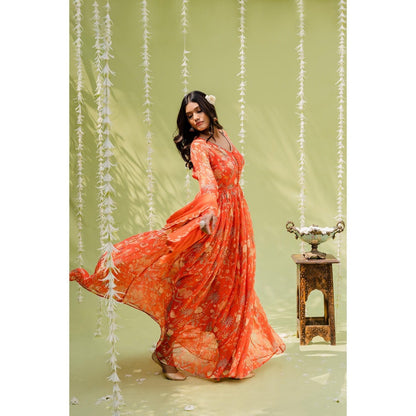 Redpine Designs Orange Embroidered Anarkali with Dupatta (Set of 2)