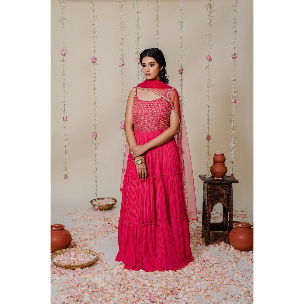 Redpine Designs Pink Pleated Mirror Anarkali with Dupatta (Set of 2)