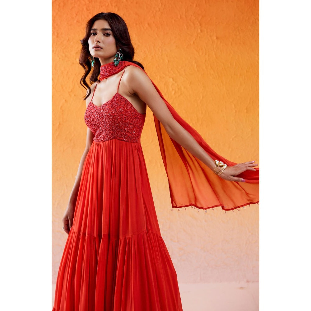 Redpine Designs Scarlet Red Embroidered Anarkali with Dupatta (Set of 2)