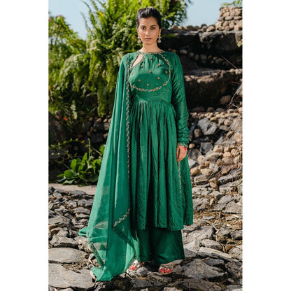 Redpine Designs Emerald Green Embroidered Anarkali with Palazzo and Dupatta (Set of 3)