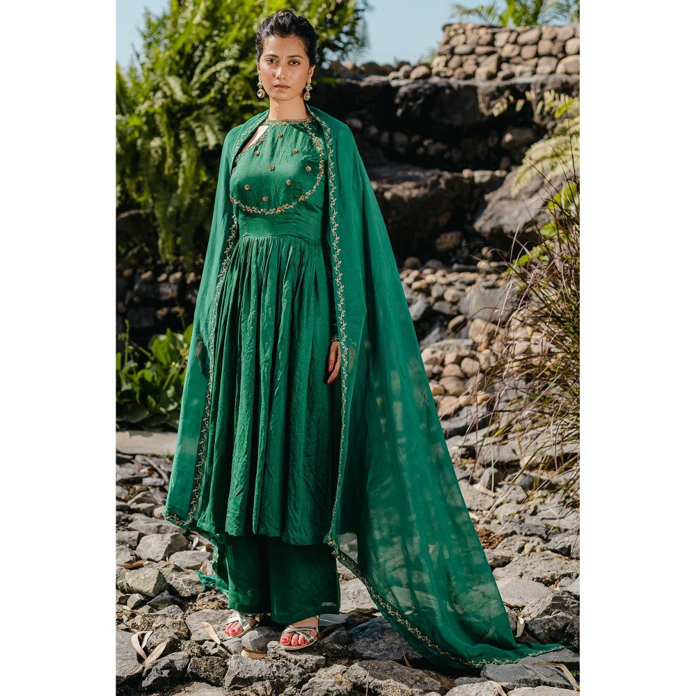 Redpine Designs Emerald Green Embroidered Anarkali with Palazzo and Dupatta (Set of 3)