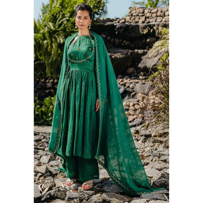 Redpine Designs Emerald Green Embroidered Anarkali with Palazzo and Dupatta (Set of 3)