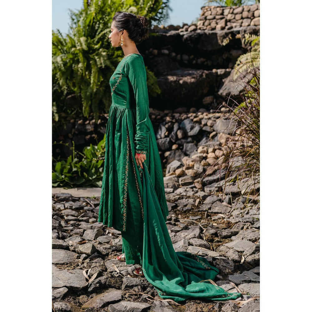 Redpine Designs Emerald Green Embroidered Anarkali with Palazzo and Dupatta (Set of 3)