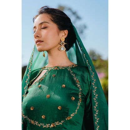 Redpine Designs Emerald Green Embroidered Anarkali with Palazzo and Dupatta (Set of 3)