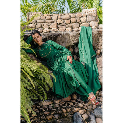 Redpine Designs Emerald Green Embroidered Anarkali with Palazzo and Dupatta (Set of 3)