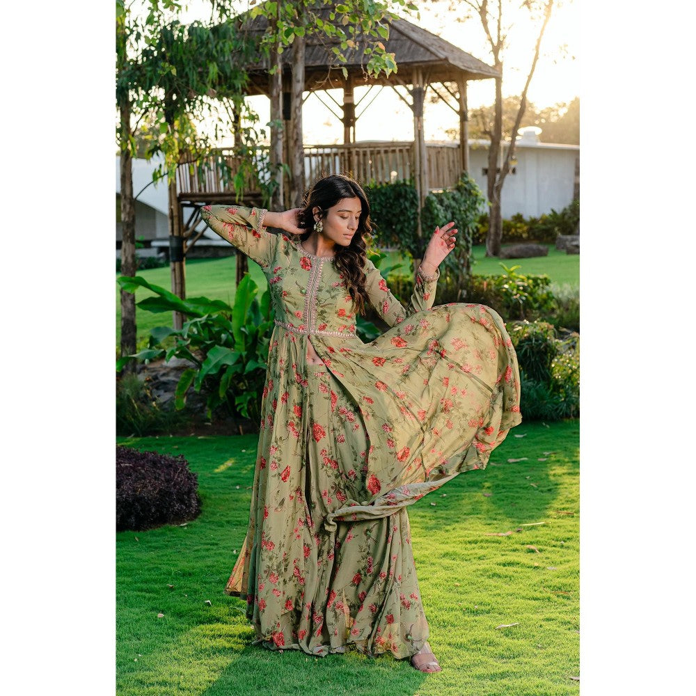 Redpine Designs Pista Green Embroidered & Printed Kurta with Sharara (Set of 2)