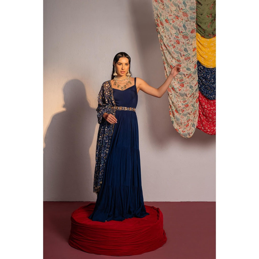 Redpine Designs Royal Blue Printed, Embroidered Anarkali with Dupatta and Belt (Set of 3)