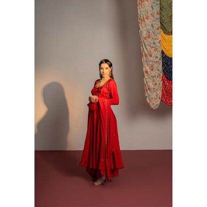 Redpine Designs Red Embroidered Anarkali with Palazzo and Dupatta (Set of 3)