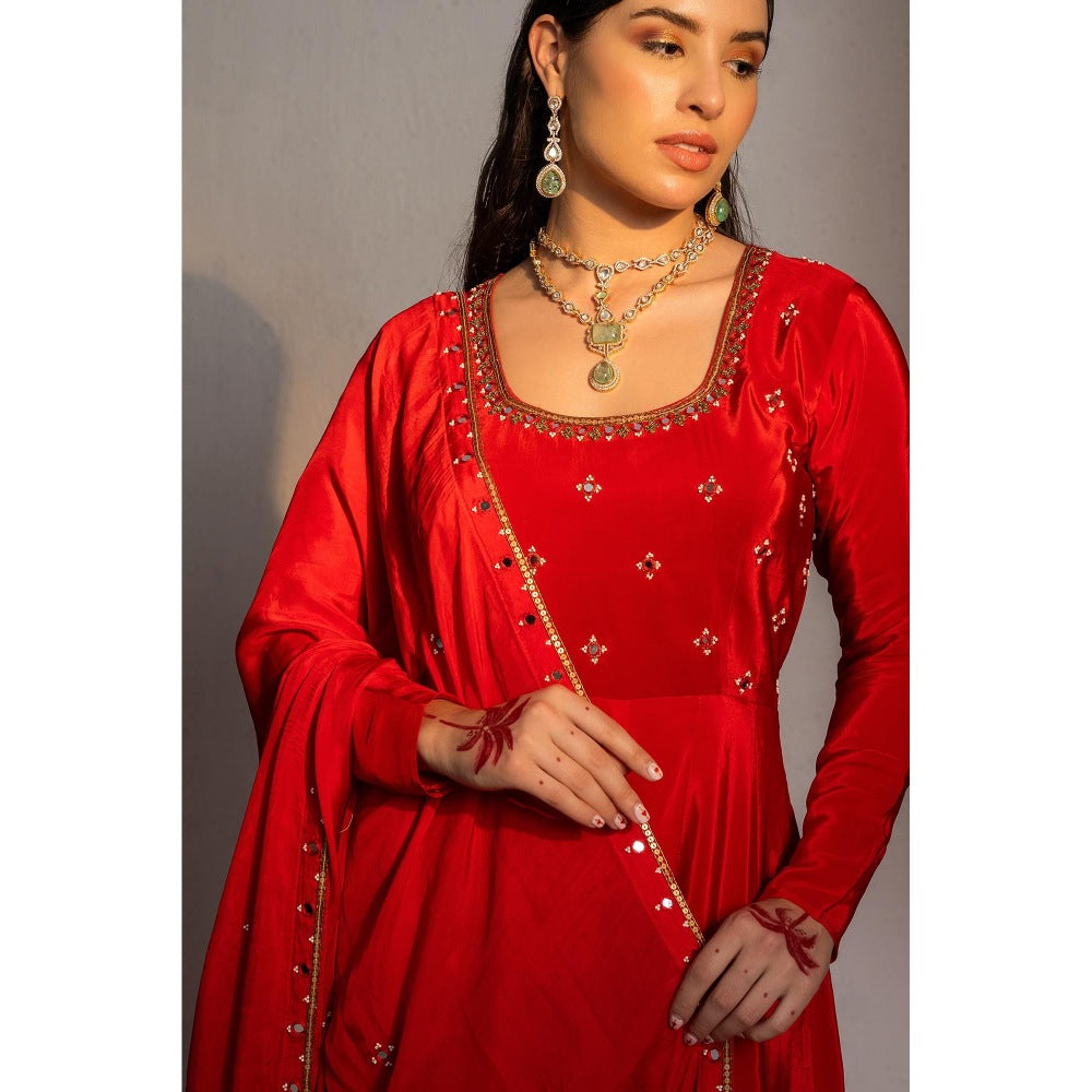Redpine Designs Red Embroidered Anarkali with Palazzo and Dupatta (Set of 3)