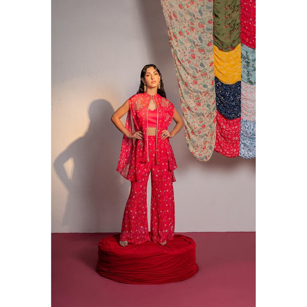 Redpine Designs Hot Pink Printed, Embroidered Cape with Bustier and Pant (Set of 3)