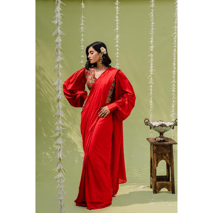 Redpine Designs Red Embroidered Pre Drape Saree with Stitched Blouse