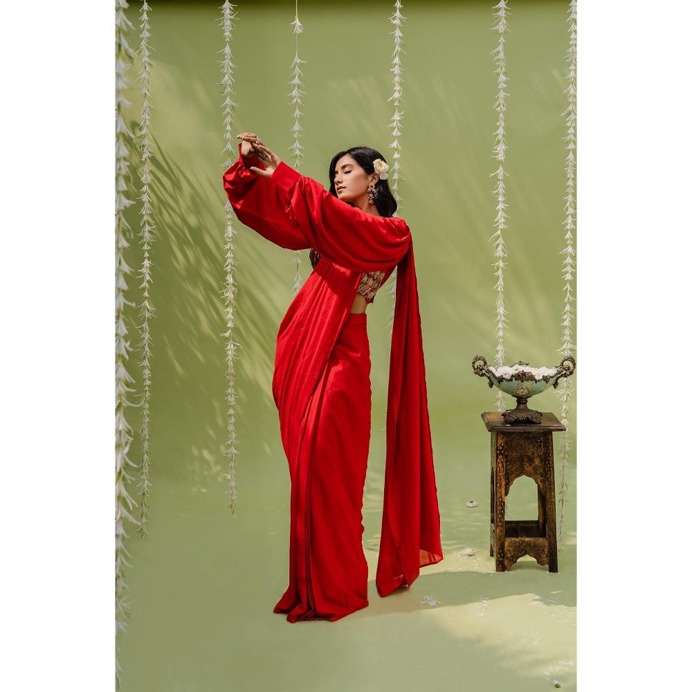 Redpine Designs Red Embroidered Pre Drape Saree with Stitched Blouse