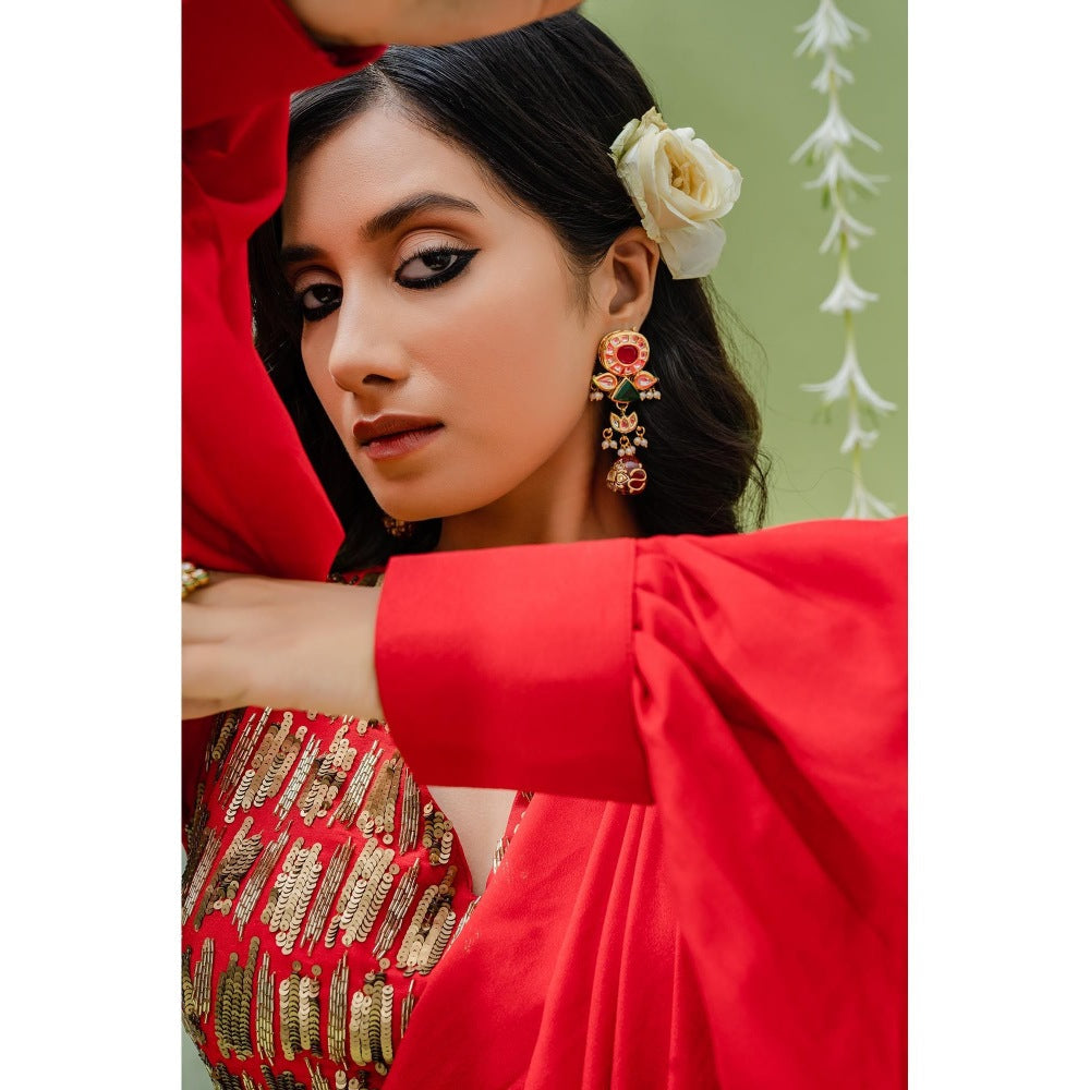 Redpine Designs Red Embroidered Pre Drape Saree with Stitched Blouse