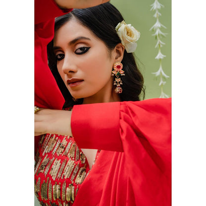Redpine Designs Red Embroidered Pre Drape Saree with Stitched Blouse