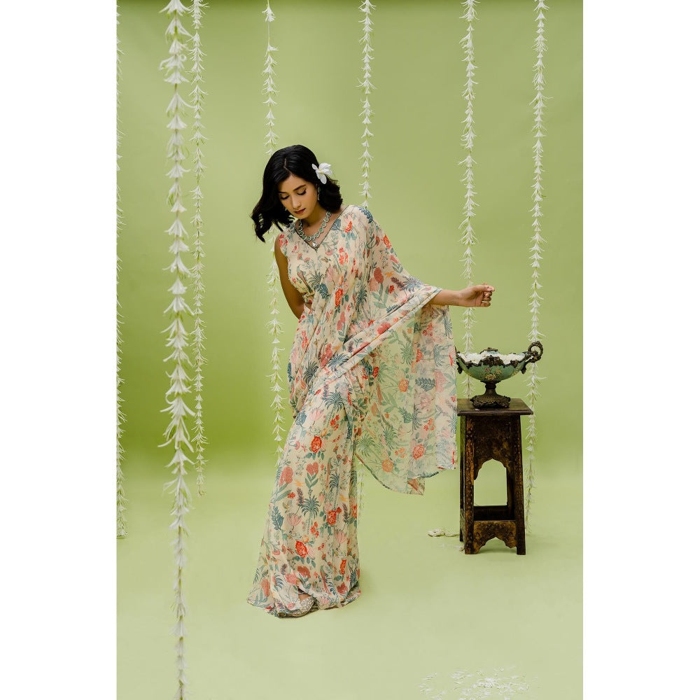 Redpine Designs Beige Printed Embroidered Pre Draped Saree with Stitched Blouse