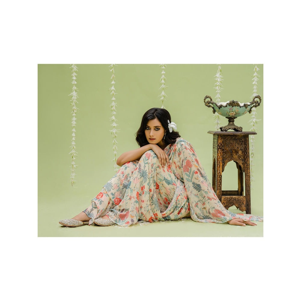 Redpine Designs Beige Printed Embroidered Pre Draped Saree with Stitched Blouse