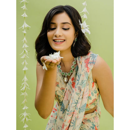 Redpine Designs Beige Printed Embroidered Pre Draped Saree with Stitched Blouse