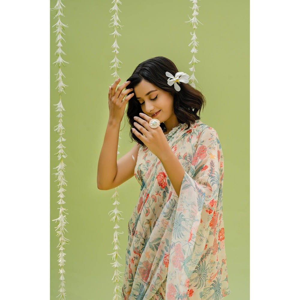Redpine Designs Beige Printed Embroidered Pre Draped Saree with Stitched Blouse