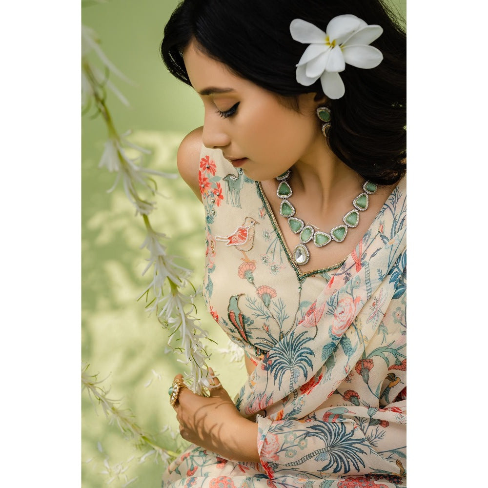 Redpine Designs Beige Printed Embroidered Pre Draped Saree with Stitched Blouse
